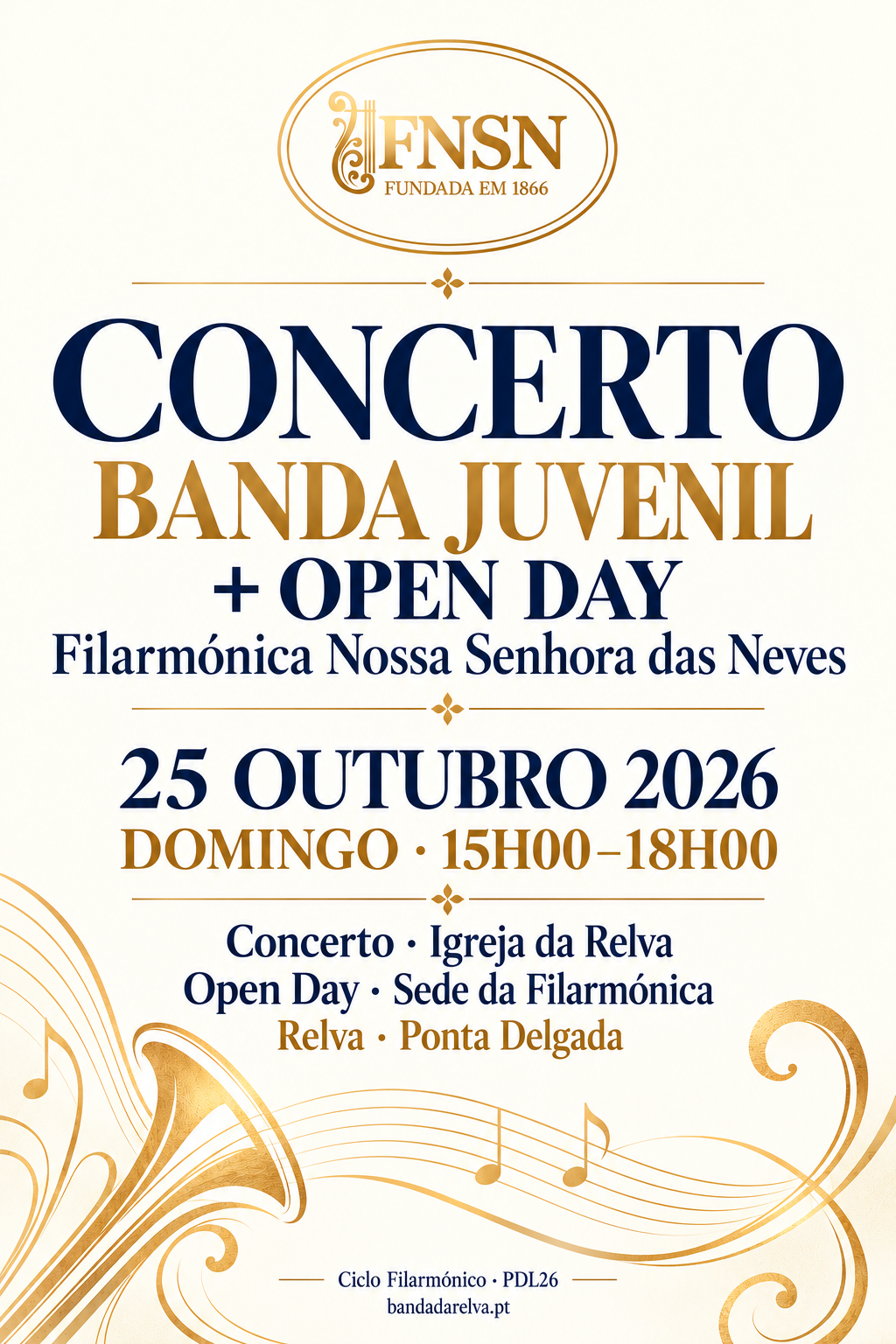 Cartaz do concerto da Banda Juvenil e Open Day de 25 de outubro de 2026, das 15h00 às 18h00, na Relva